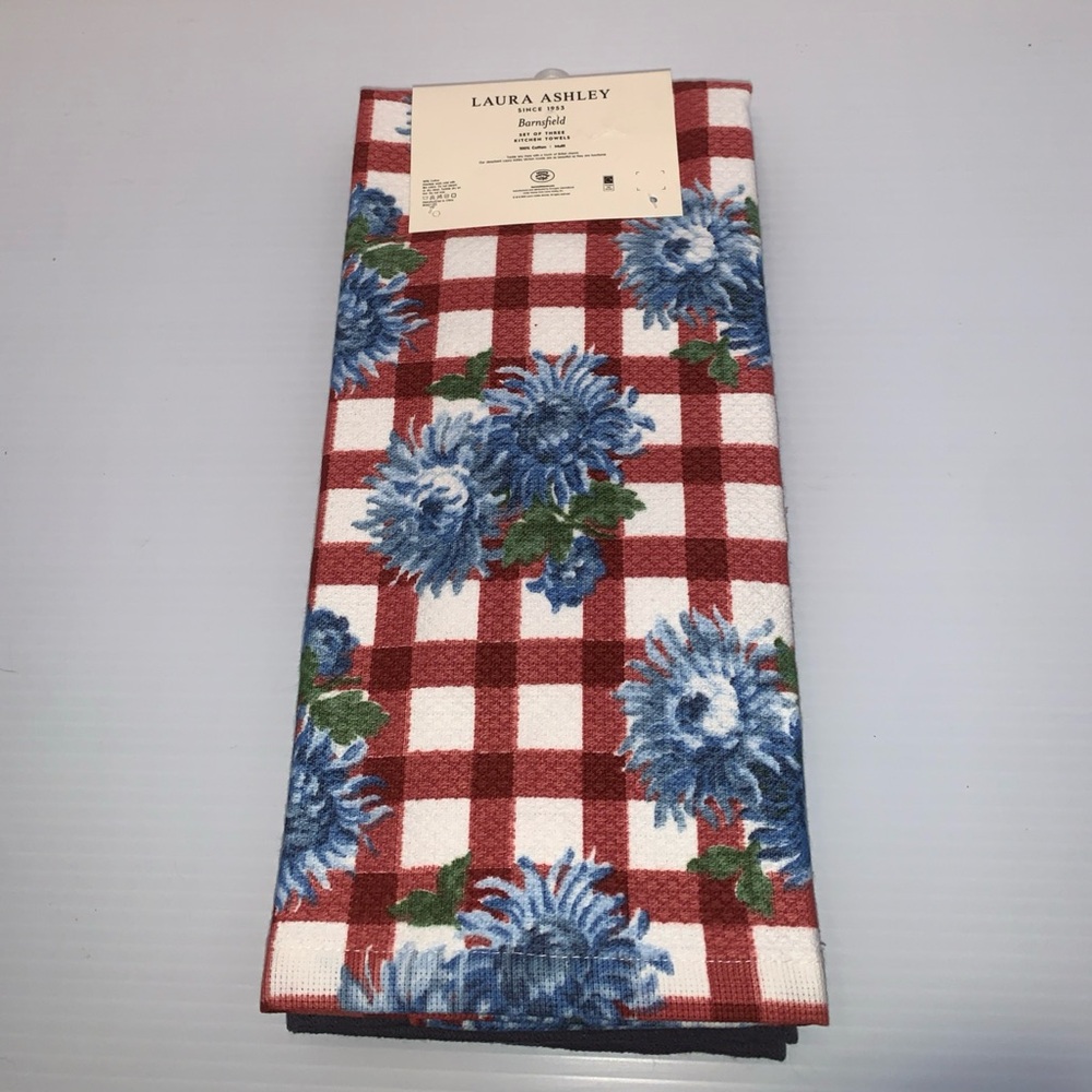Laura Ashley Red Gingham with Blue Floral Kitchen Towels - Set of Three